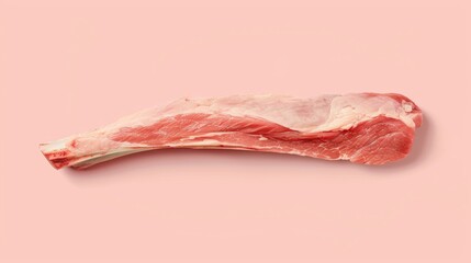  a piece of raw meat sitting on top of a pink surface next to a piece of meat with a bite taken out of it.