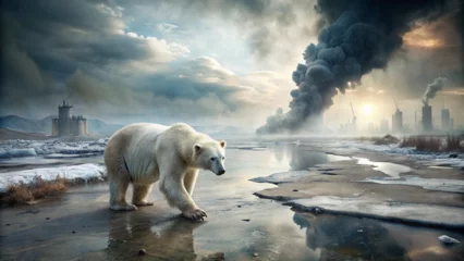 Foto auf Alu-Dibond Polar bear threatened by climate change, global warming and ice melting, walking on a polluted land in a toxic atmosphere - Generative AI © Алишер