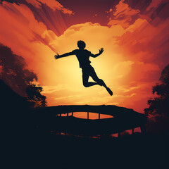 A silhouette of a person jumping on a trampoline.