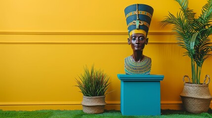 a statue of an egyptian pharaoh next to two potted plants and a potted plant in front of a yellow wall. - obrazy, fototapety, plakaty