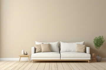 Behold the simplicity of a single beige and Scandinavian sofa next to a white blank empty frame for...