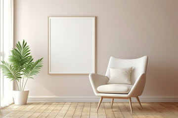 A clean, white frame against beige and Scandinavian tones on a wall, with a glimpse of a modern living room - plain walls, wooden floor, and a hint of a potted plant.