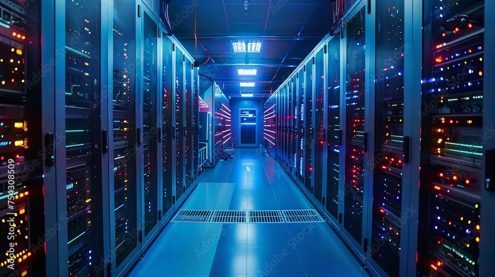 Poster Futuristic Data Center with Rows of Server Racks A futuristic data center corridor lined with rows of high-capacity server racks, illuminated by ambient blue lighting.

 