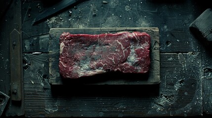  a piece of raw meat sitting on top of a cutting board next to a knife and a block of meat.