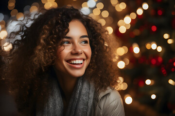 Young woman on christmas market with winter weather, enjoys holiday weather. - Powered by Adobe