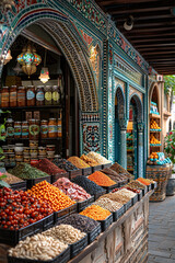 Colorful spice market with assorted spices in foreground and decorative arch in the background.