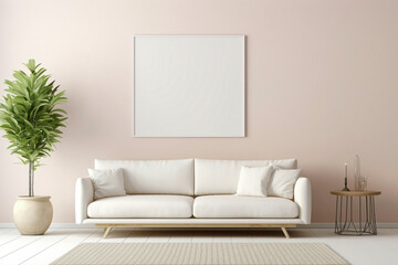 Behold the tranquility of a beige and Scandinavian sofa juxtaposed with a white blank empty frame...