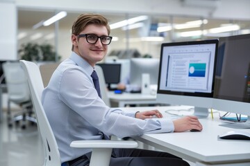 Young professional at desk, computer, smiling, modern office, corporate style, glasses.