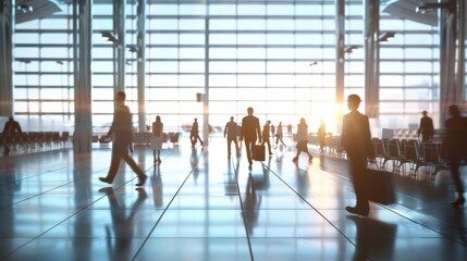 Bustling airport scene, travelers with luggage, sunlight streaming through large windows, sense of movement.