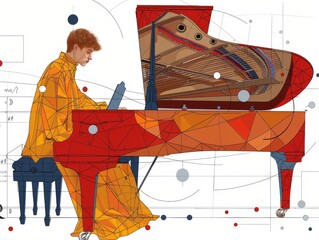 Artistically rendered grand piano illustration with a modern geometric design, perfect for music-themed decor, publications, and creative projects.
