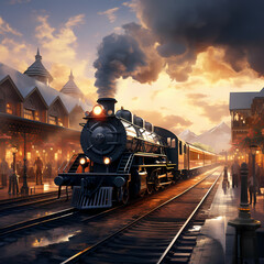 A vintage train station with steam locomotives.
