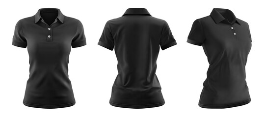 Set of woman black front, back and side view collar slim fit polo tee shirt on transparent background cutout, PNG file. Mockup template for artwork graphic design. 	
