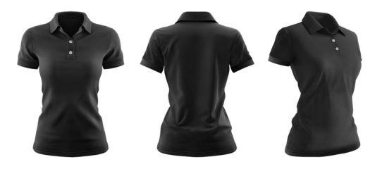 Set of woman black front, back and side view collar slim fit polo tee shirt on transparent background cutout, PNG file. Mockup template for artwork graphic design. 	
