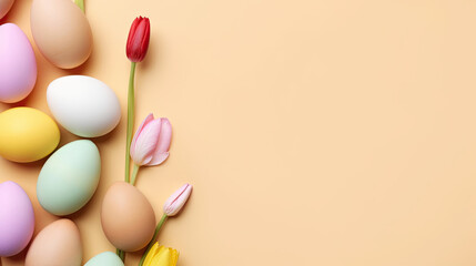 Easter Eggs and Tulip Flowers on Isolated Pastel Beige Background. Top View with Copy Space for Easter Sunday Celebration - obrazy, fototapety, plakaty
