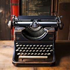 A vintage typewriter on a wooden desk. 