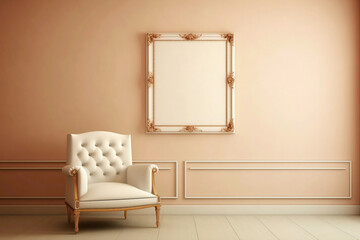 Fototapeta premium Beige chair and blank frame against a soft-colored wall.