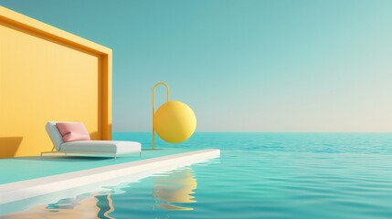 Fototapeta na wymiar Sun lounger near the large swimming pool. Minimalism. Summer rest. Copy space. 