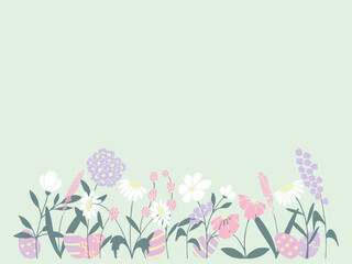 Obraz na płótnie Canvas Easter multicolored pastel botanic pattern of flowers, plants, eggs in flat style. Elegant, aesthetic, stylish hand drawing doodles of vector vintage botanical elements. Background with copy space.