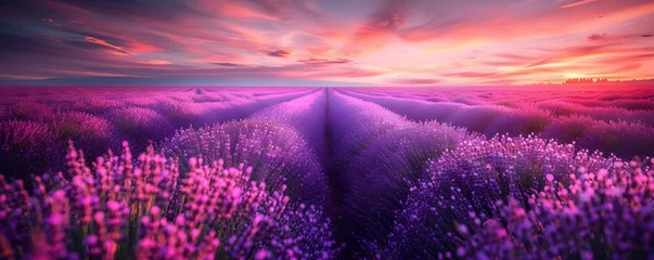 Poster Behold a breathtaking panoramic view of a lavender field aglow with the warm hues of sunset a sensory feast for lovers of the serene and sublime. Concept Lavender Fields, Sunset Glow, Serene Beauty © Anastasiia