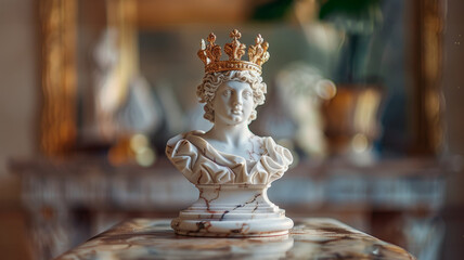 A marble bust of a queen with a crown
