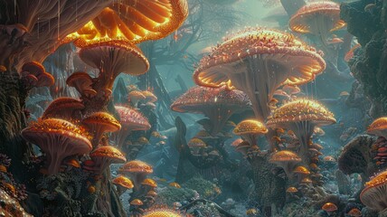 Fototapeta na wymiar Fantastical jellyfish-like mushrooms in an enchanted forest dreamscape