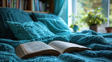 Fototapeta na wymiar an open book on bed bed covered with blue pillows 