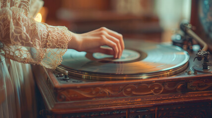 Woman's hand on an antique record player.