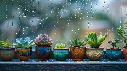 Obraz premium A rainy season window view where succulents in colorful artistic pottery catch raindrops on their leaves set against a backdrop of grey soothing skies