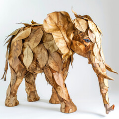 An AI generative image of elephant made of leaves on white background