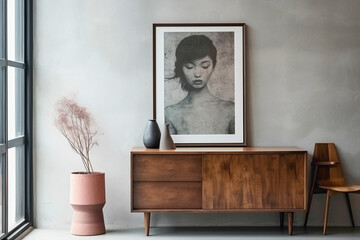 Chic ambiance with wooden cabinet, dresser, and empty poster frame against textured concrete backdrop in contemporary living room.