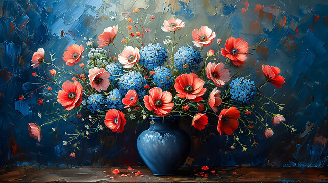 A large vase of flowers in red and blue colors on an abstract background in the style of oil painting