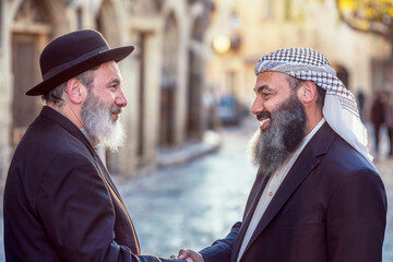 Portrait closeup of a Palestinian man in traditional wearing and a Jewish man with a hat shaking hands to stop the war. Agreement for peace in the world. - obrazy, fototapety, plakaty