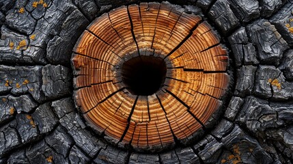  a close up of a piece of wood that has been cut in half with a circular hole in the center.