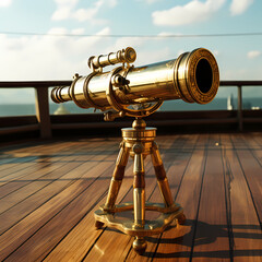 Antique brass telescope on a ship deck. - obrazy, fototapety, plakaty