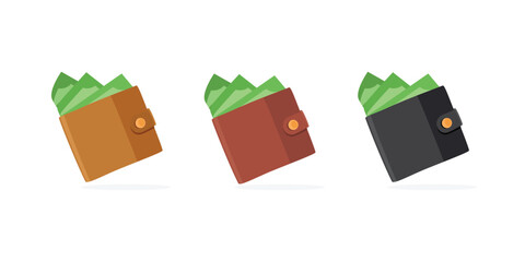Various leather wallets with dollar banknotes. Wallet with cash paper money. Online payment concept. Money vector icon - 754310982