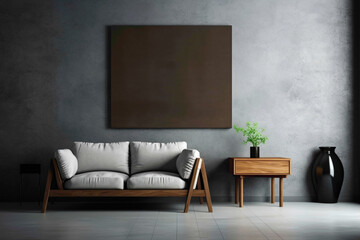 Chic ambiance with wooden furniture and empty poster frame against textured concrete wall in contemporary living room.