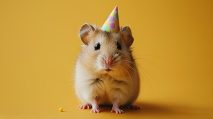 hamster isolated on yellow background birthday party invite concept 