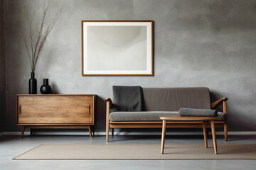 Chic ambiance with wooden furniture and empty poster frame against textured concrete wall in contemporary living room.