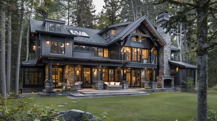 Classic rustic new home with dark grey wood exterior and forest setting, including a back yard porch,  Large family home in a rural area.
 - obrazy, fototapety, plakaty