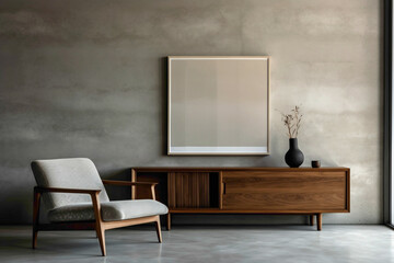 Chic ambiance with wooden furniture and empty poster frame against textured concrete wall in contemporary living room.