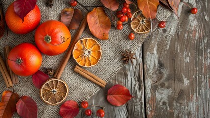 Autumn still life with fresh persimmons, dried orange slices, and fall leaves on rustic wood