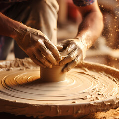 Close-up of a potter shaping clay on a wheel.