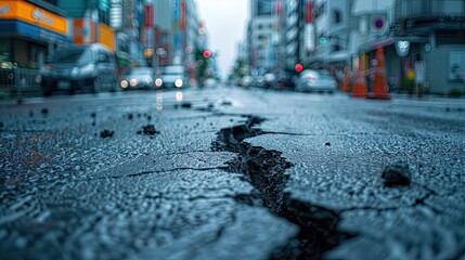 in a busy city street there is a road with a long crack depicting the effects of an earthquake the background appears blurry 