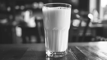 Keuken spatwand met foto  a glass of milk sitting on top of a wooden table next to a glass of milk on top of a table. © Kaija