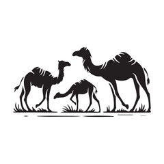Sahara Serenity: Vector Camel Silhouette Set Against the Vast Desert Landscape, Perfect for Desert-themed Designs and Graphics. Minimalist vector Camel.