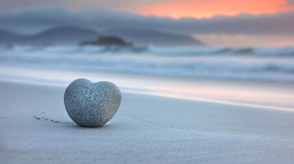  a heart shaped rock sitting on top of a sandy beach next to the ocean with a sunset in the background.