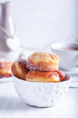 Donuts with sugar and cinnamon served with cocoa. Traditional dessert for Carnival. - 754312501