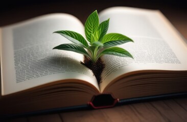 An open book lies on the table and plants that grow from book pages . World book's day concept.