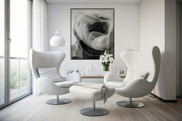Clean and modern living room design with white frame, armchair, table, lamp.