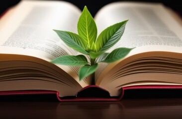 An open book lies on the table and plants that grow from book pages . World book's day concept.